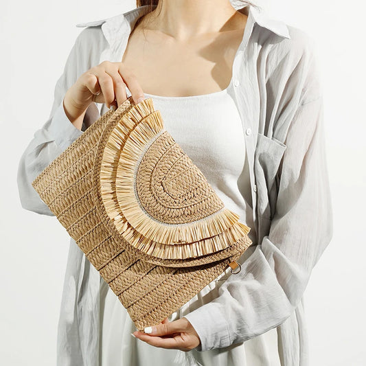 Raffia Straw Woven Wrist Clutch & Shoulder Crossbody Bag – Handmade Summer Beach Purse for Women