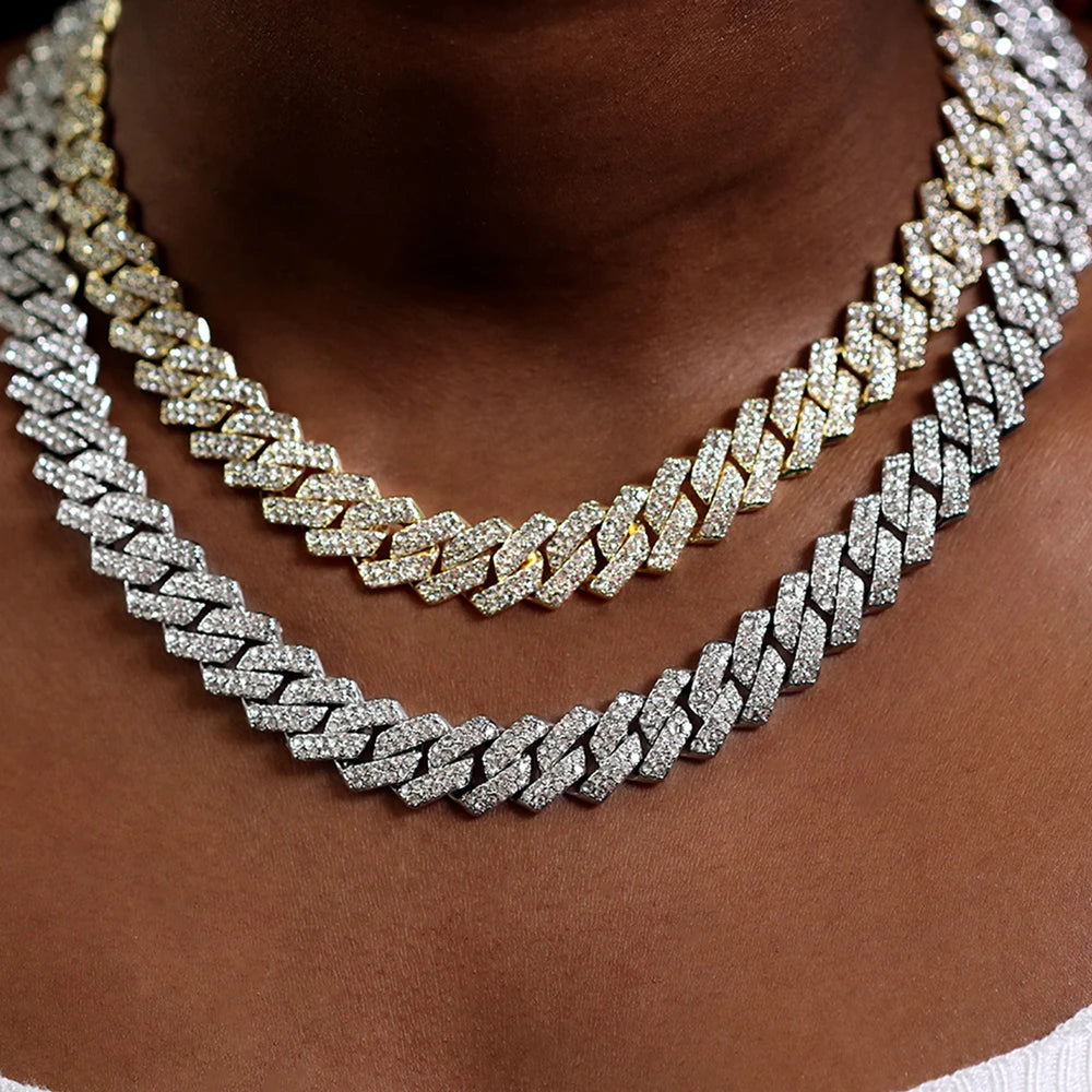 Prong Cuban Link Chain Necklace – 2-Row Iced Out Rhinestone Hip Hop Jewelry for Men & Women